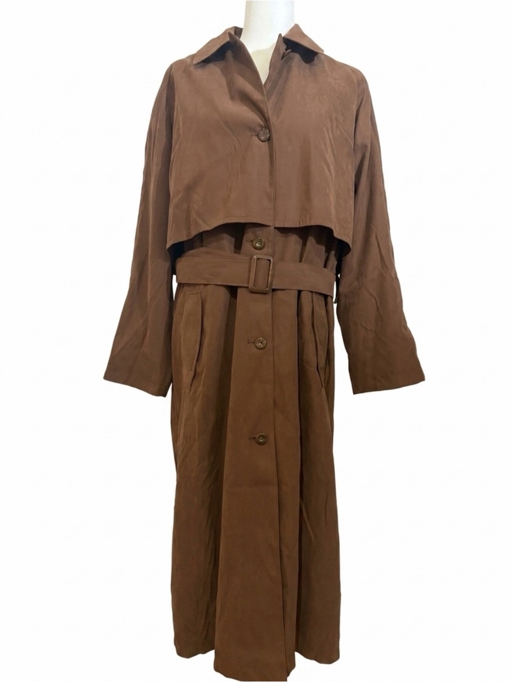 Vintage London Fog Brown Sueded Microfiber Trench Coat Maxi Belted Size